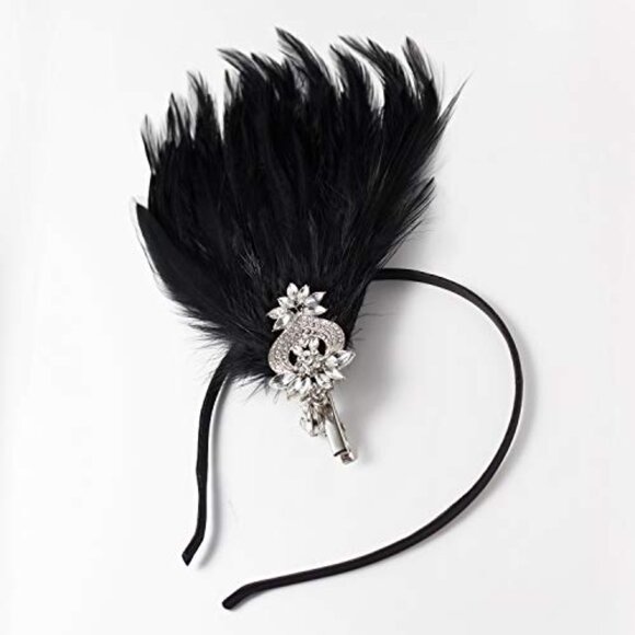 Vintage Flapper Headband with Ostrich Feathers and Rhinestone Clip
